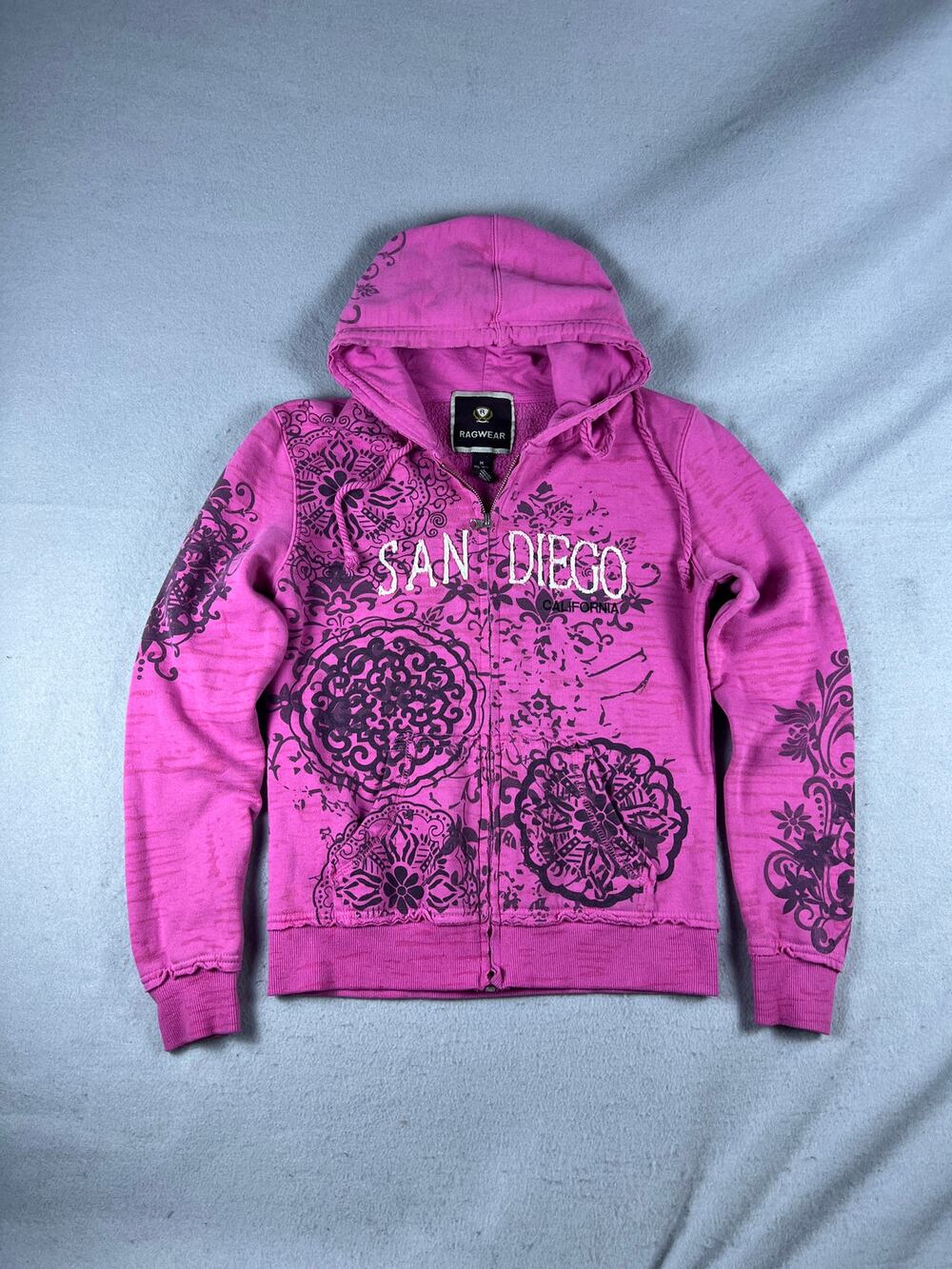Ragwear Hoodie Womens M Pink San Diego CA Spellout Medallion Graphics Fleece Y2K